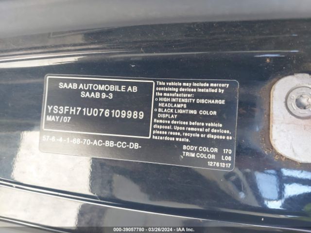2007 SAAB 9-3 YS3FH71U076109989 Photo 8
