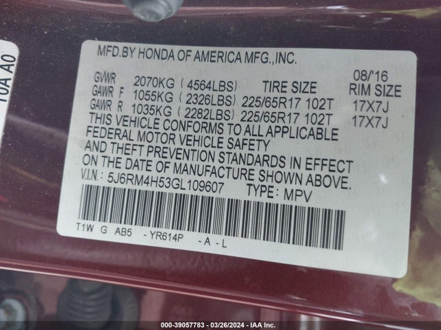 Honda CR-V EX 2016 5J6RM4H53GL109607 Image 9