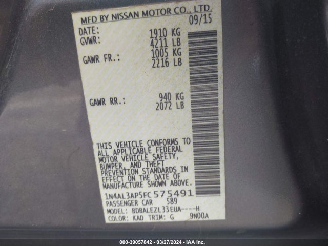 Nissan Altima 2.5 S 2015 1N4AL3AP5FC575491 Image 9