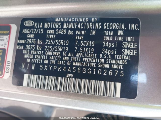 5XYPK4A56GG102675 KIA Sorento 3.3l Sxl