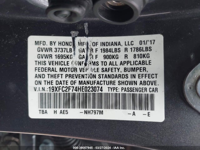 Honda CIVIC EX 2017 19XFC2F74HE023074 Image 9