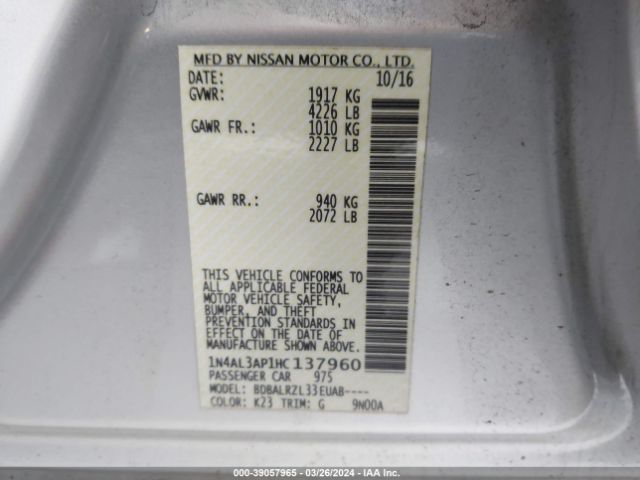 1N4AL3AP1HC137960 Nissan Altima 2.5 Sl