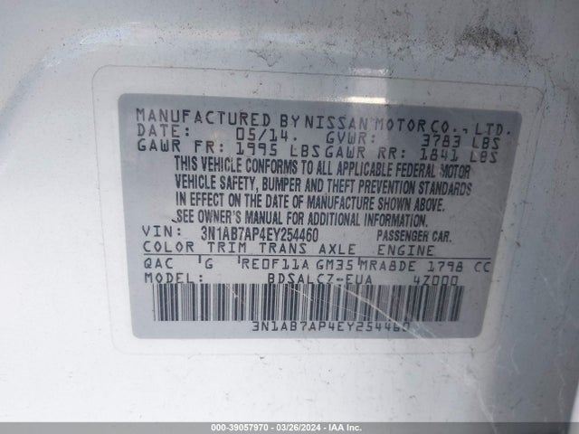 Nissan Sentra Fe+ S 2014 3N1AB7AP4EY254460 Image 9