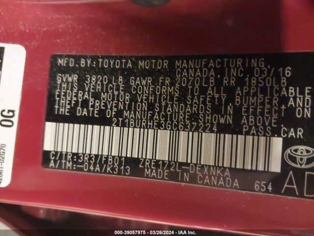 Toyota COROLLA LE 2016 2T1BURHE3GC637224 Image 9