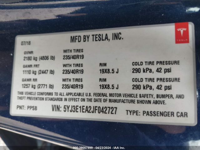 5YJ3E1EA2JF042727 Tesla Model 3 Long Range/mid Range