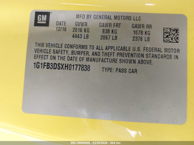 Chevrolet Camaro 1lt 2017 1G1FB3DSXH0177838 Image 9