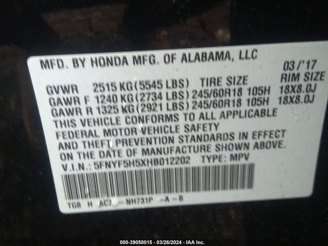 Honda Pilot Ex-l 2017 5FNYF5H5XHB012202 Image 9