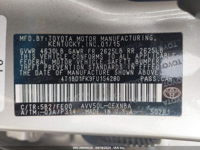4T1BD1FK9FU154280 Toyota Camry Hybrid Le