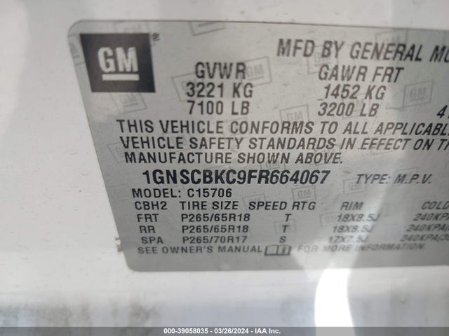 Chevrolet Tahoe Lt 2015 1GNSCBKC9FR664067 Image 9
