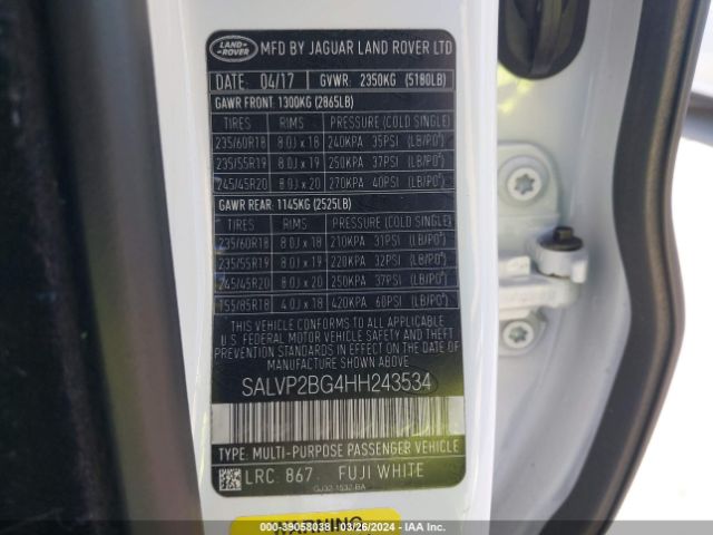 SALVP2BG4HH243534 Land Rover Range Rover Evoque Se/se Premium