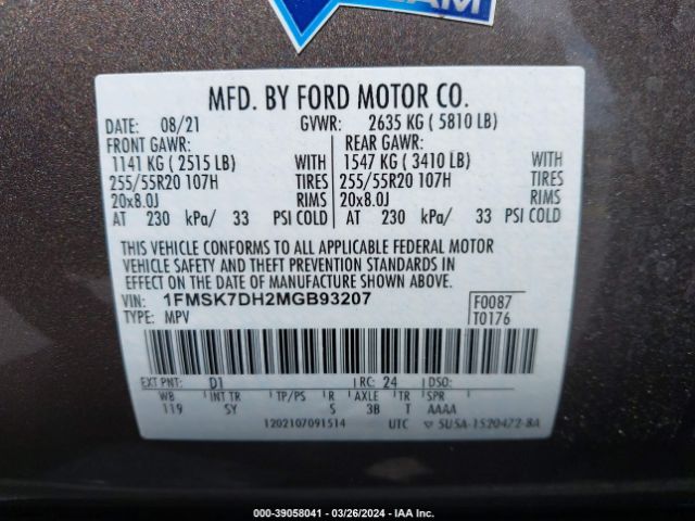 1FMSK7DH2MGB93207 Ford EXPLORER XLT
