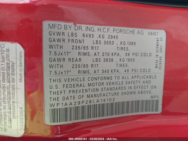 2008 PORSCHE CAYENNE WP1AA29P28LA14102 Photo 8