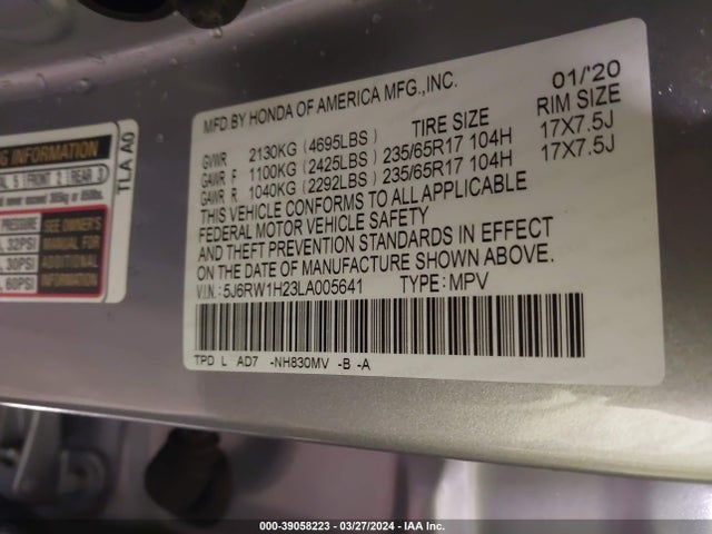 Honda Cr-v 2wd Lx 2020 5J6RW1H23LA005641 Image 9