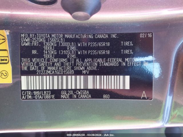 2T2ZZMCA1GC015689 Lexus RX 350