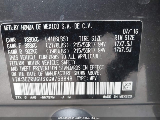 Honda HR-V LX 2016 3CZRU6H3XGM759849 Image 9