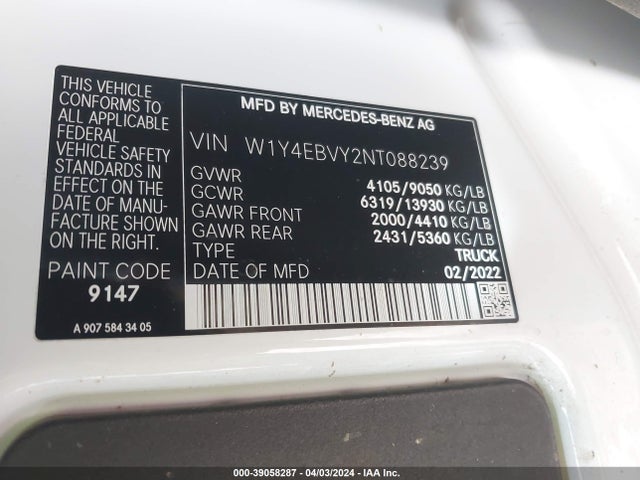 W1Y4EBVY2NT088239 Mercedes-Benz Sprinter 2500 Standard Roof V6