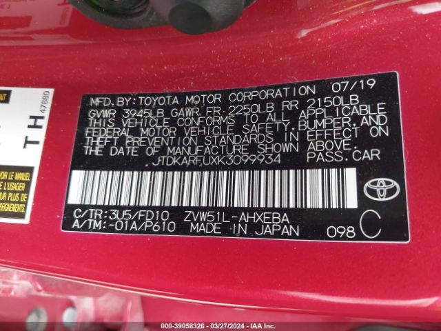 JTDKARFUXK3099934 Toyota Prius Le