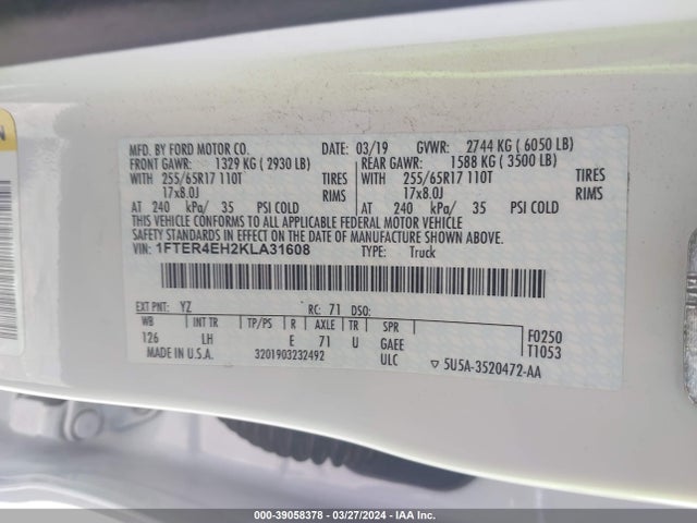 Ford RANGER XL 2019 1FTER4EH2KLA31608 Image 9