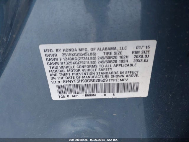 Honda Pilot Touring 2016 5FNYF5H93GB028629 Image 9