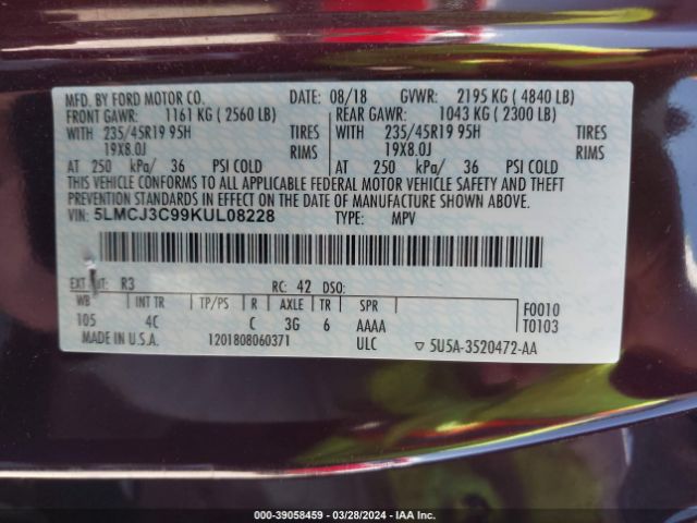 5LMCJ3C99KUL08228 Lincoln Mkc Reserve