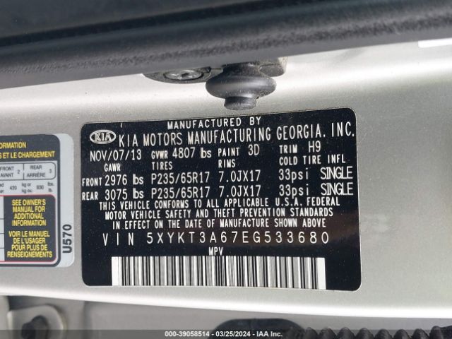 5XYKT3A67EG533680 KIA SORENTO LX