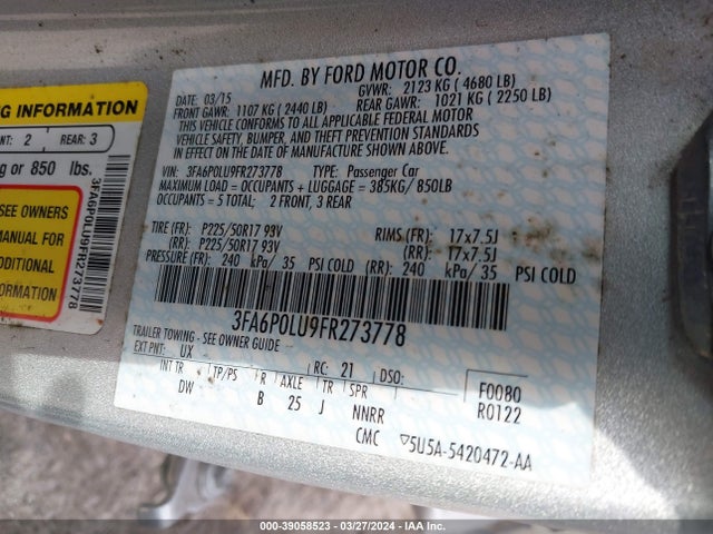 Ford Fusion Hybrid Se 2015 3FA6P0LU9FR273778 Image 9