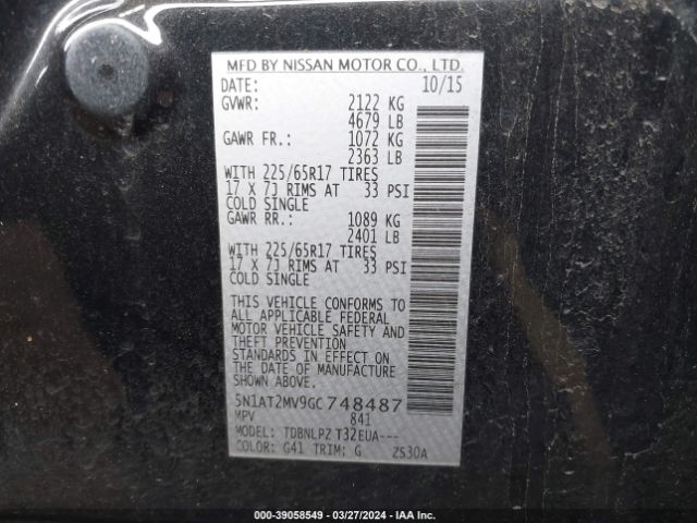 5N1AT2MV9GC748487 Nissan Rogue S/sl/sv