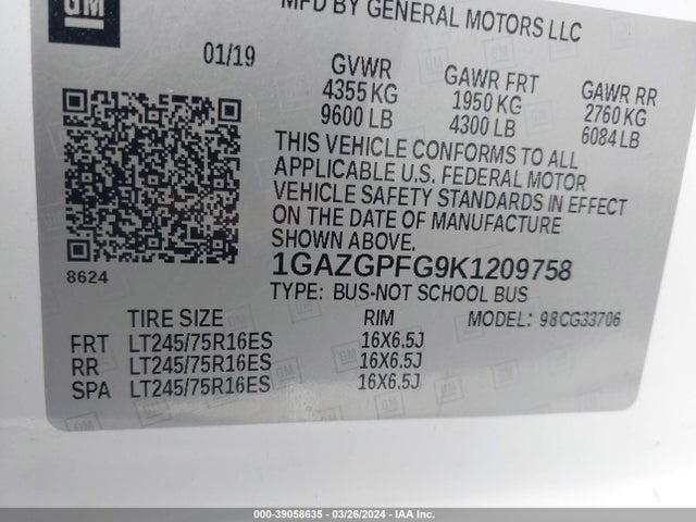 Chevrolet Express 3500 Lt 2019 1GAZGPFG9K1209758 Image 9