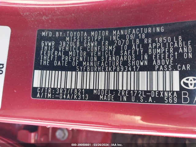 Toyota COROLLA LE 2019 5YFBURHEXKP893417 Image 9