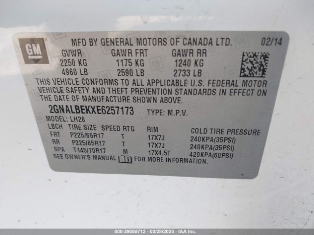 2GNALBEKXE6257173 Chevrolet EQUINOX 1LT