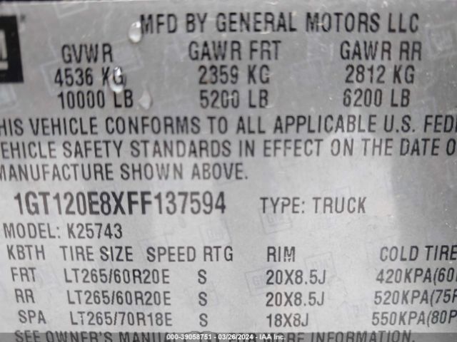 1GT120E8XFF137594 GMC Sierra 2500hd Denali