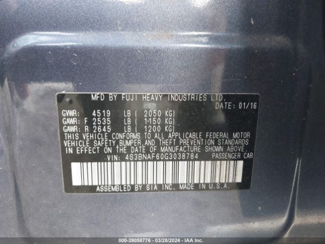 4S3BNAF60G3038784 Subaru Legacy 2.5i Premium