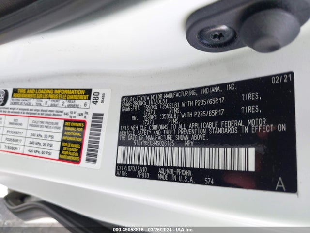 Toyota SIENNA XLE 2021 5TDYRKEC9MS026185 Image 9