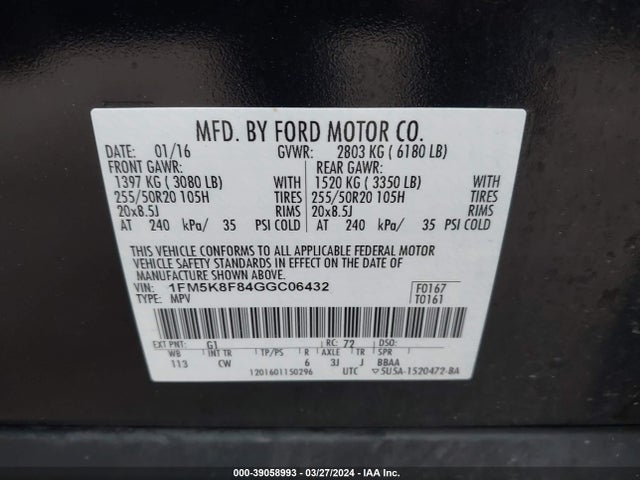 Ford Explorer Limited 2016 1FM5K8F84GGC06432 Image 9