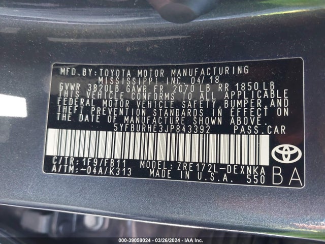 Toyota COROLLA LE 2018 5YFBURHE3JP843392 Image 9
