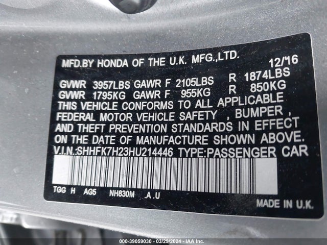 Honda Civic Lx 2017 SHHFK7H23HU214446 Image 9