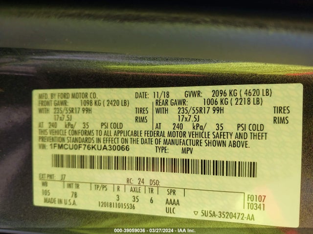 Ford ESCAPE S 2019 1FMCU0F76KUA30066 Image 9