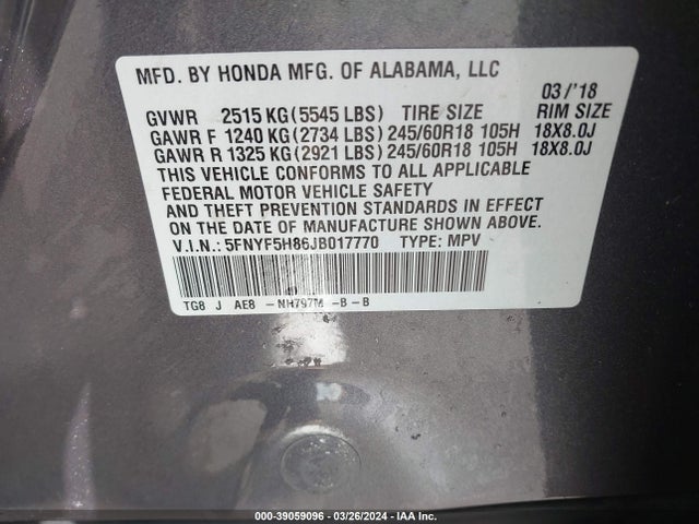 Honda Pilot Ex-l 2018 5FNYF5H86JB017770 Image 9