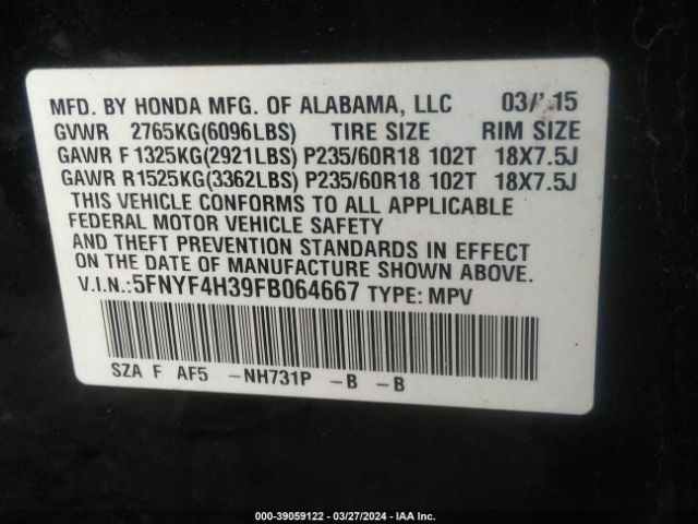 5FNYF4H39FB064667 Honda PILOT SE