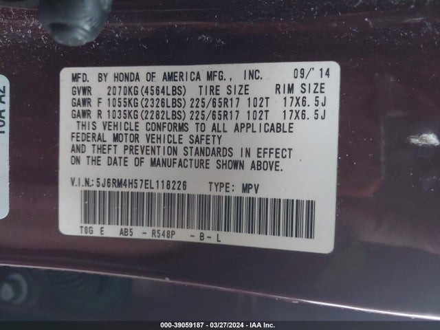 Honda CR-V EX 2014 5J6RM4H57EL118226 Image 9