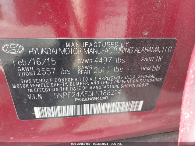Hyundai SONATA SE 2015 5NPE24AF5FH188214 Image 9