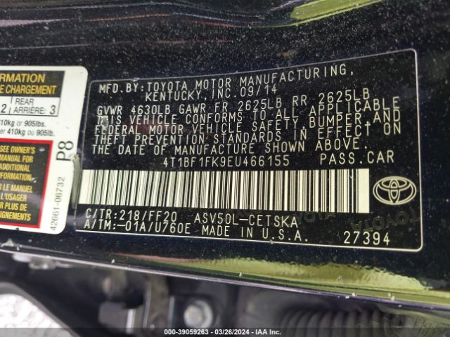 4T1BF1FK9EU466155 Toyota Camry L/se/le/xle