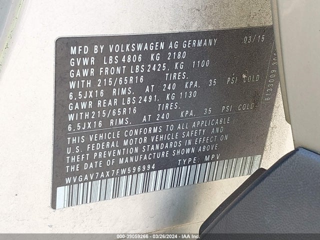 WVGAV7AX7FW596994 Volkswagen TIGUAN S