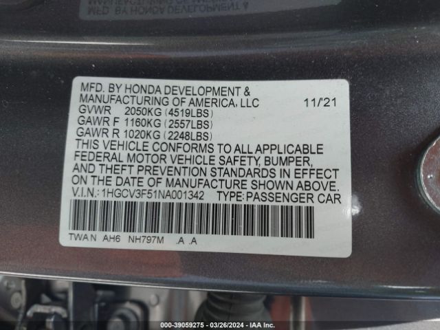 1HGCV3F51NA001342 Honda Accord Hybrid Ex-l