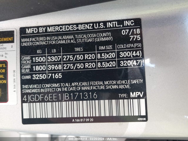 2018 Mercedes-benz Gls 450 4matic მანქანა იყიდება აუქციონზე, vin: 4JGDF6EE1JB171316, აუქციონის ნომერი: 39059315
