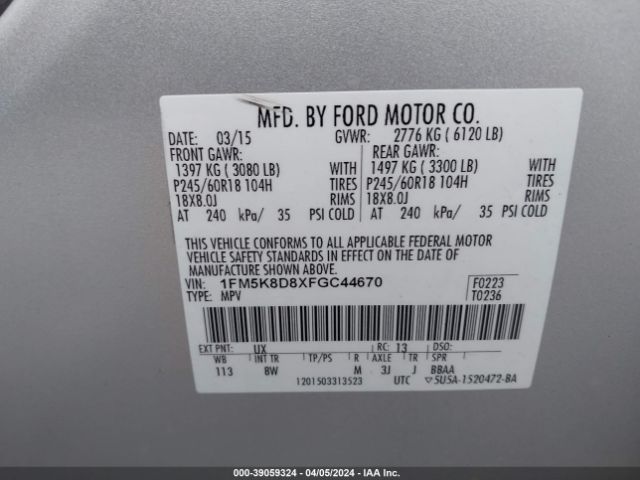 1FM5K8D8XFGC44670 Ford EXPLORER XLT
