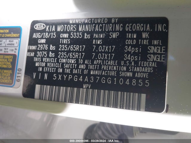 KIA Sorento 2.4l Lx 2016 5XYPG4A37GG104855 Image 9