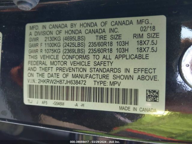 2HKRW2H87JH638472 Honda Cr-v Ex-l/ex-l Navi