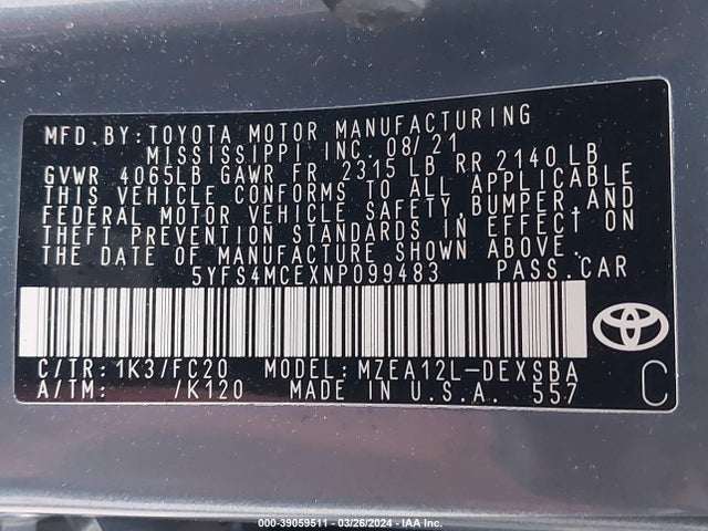Toyota COROLLA SE 2022 5YFS4MCEXNP099483 Image 9