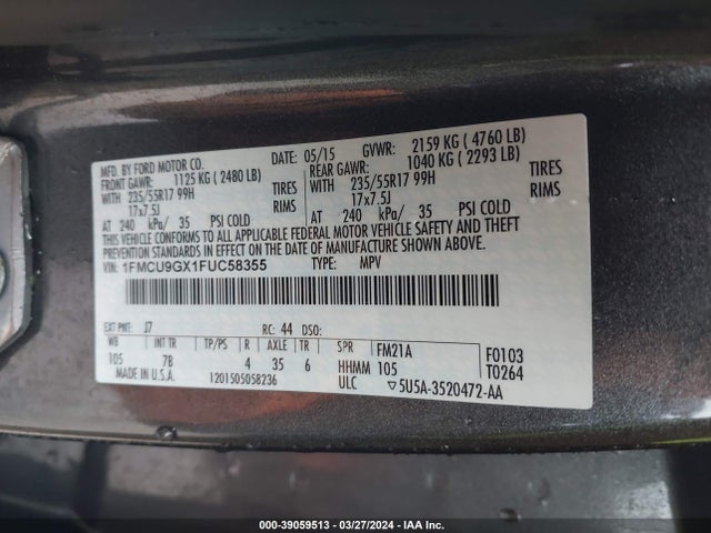 Ford ESCAPE SE 2015 1FMCU9GX1FUC58355 Image 9